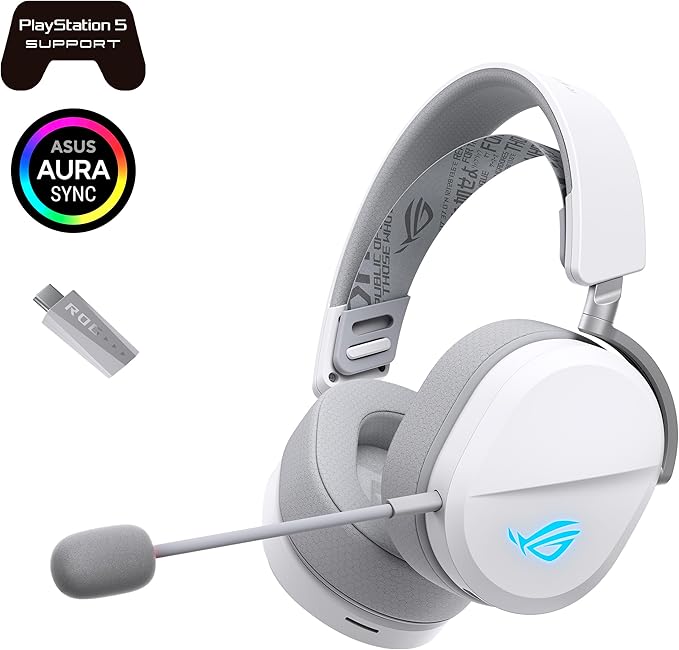 ASUS ROG Pelta Wireless Gaming Headset with Detachable Mic – Tri-Mode (BT, 2.4GHz, USB-C) 50mm Titanium-Plated Drivers, 70Hr Battery, Ergonomic, Lightweight, for PC, PS5, PS4, Switch, Mobile - White