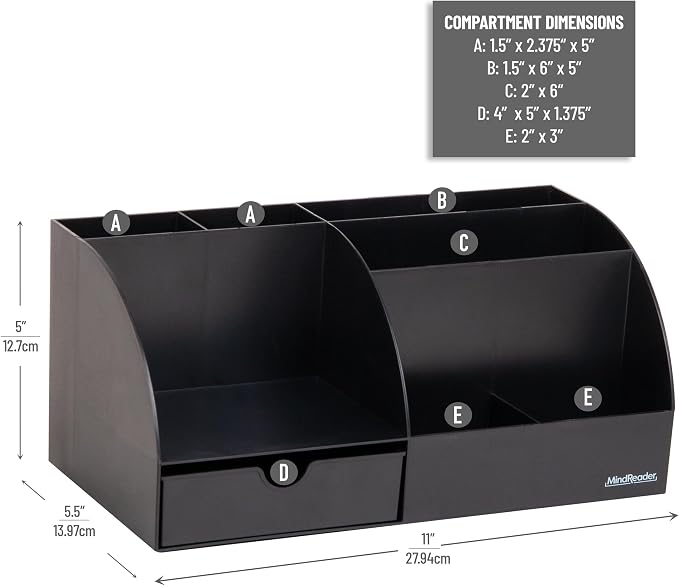 Mind Reader 7 Compartment Desktop Organizer, Plastic, Black | Office Desk Organizer, For Pens, Mail and Accessories, Workspace Organizer