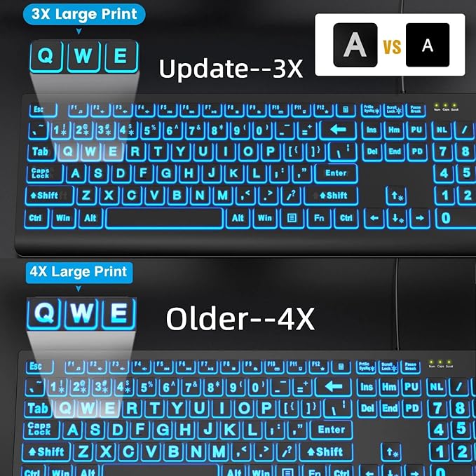 SABLUTE Large Print Backlit Keyboard, Wired USB Lighted Computer Keyboards with 7-Color & 4 Modes Backlit, Oversize Letters Keys Easy to See and Type, Keyboard Compatible for PC, Laptop