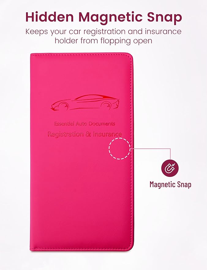 Yarnic Car Registration and Insurance Holder, Car Document Holder with Magnetic Closure, Registration and Insurance Card Holder Car Organizer Glove Box Compartment Organizer for Men Women (Hot Pink)