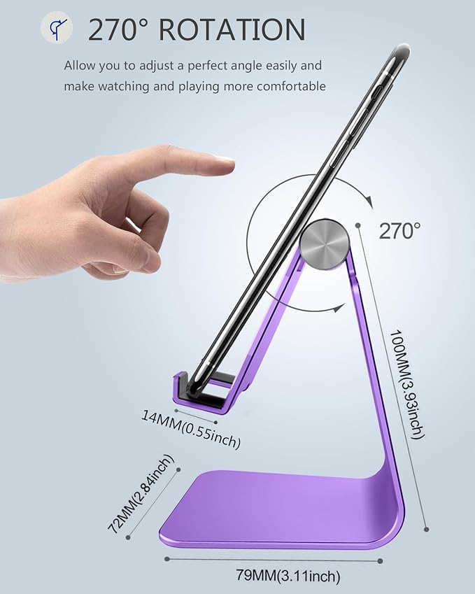 CreaDream Aluminum Cell Phone Stand, Adjustable Phone Holder for Desk | Adjustable Viewing Angle, Desktop Stand, Stable Base, Fits iPhone 17 16 15 14 13 Pro Max Desk Accessories, Dark Purple