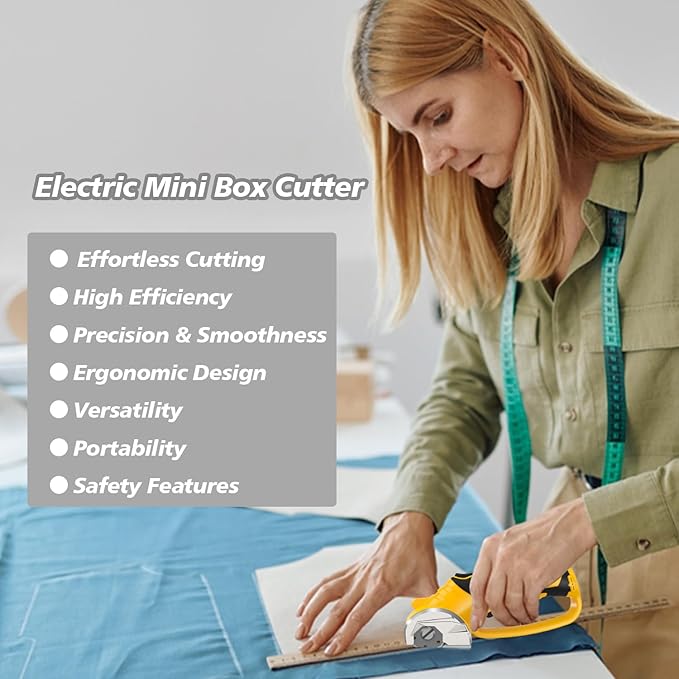 Cordless Electric Scissors, 4V Rechargeable Box Cutter & Cardboard Cutter with Titanium Blade, LED Light, Safety Lock - Rotary Cutter for Fabric, Leather, Carpet, Plastic, Crafting, Sewing(Yellow)