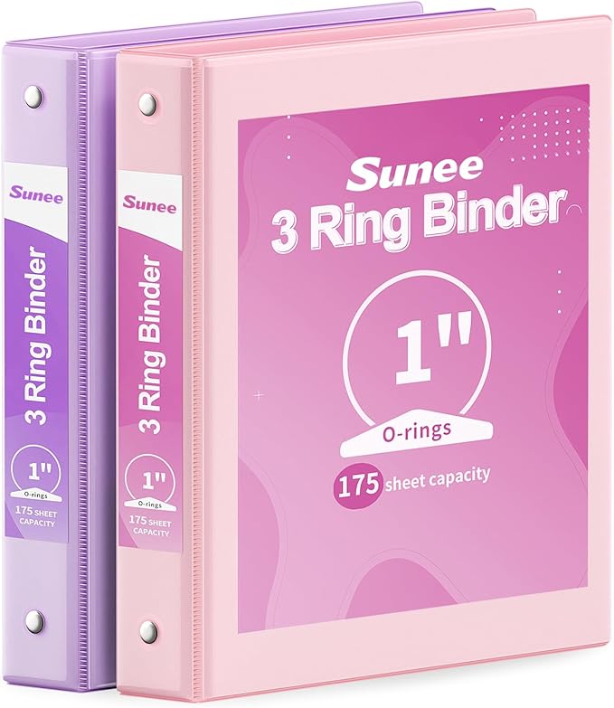 SUNEE 3 Ring Binder 1 Inch 2 Pack, Clear View Binder Three Ring PVC-Free (Fit 8.5x11 Inches) for School or Office Supplies, Pink & Purple