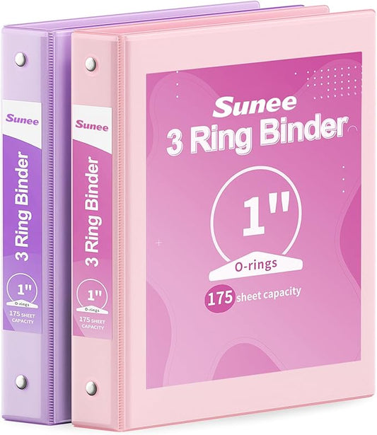 SUNEE 3 Ring Binder 1 Inch 2 Pack, Clear View Binder Three Ring PVC-Free (Fit 8.5x11 Inches) for School or Office Supplies, Pink & Purple
