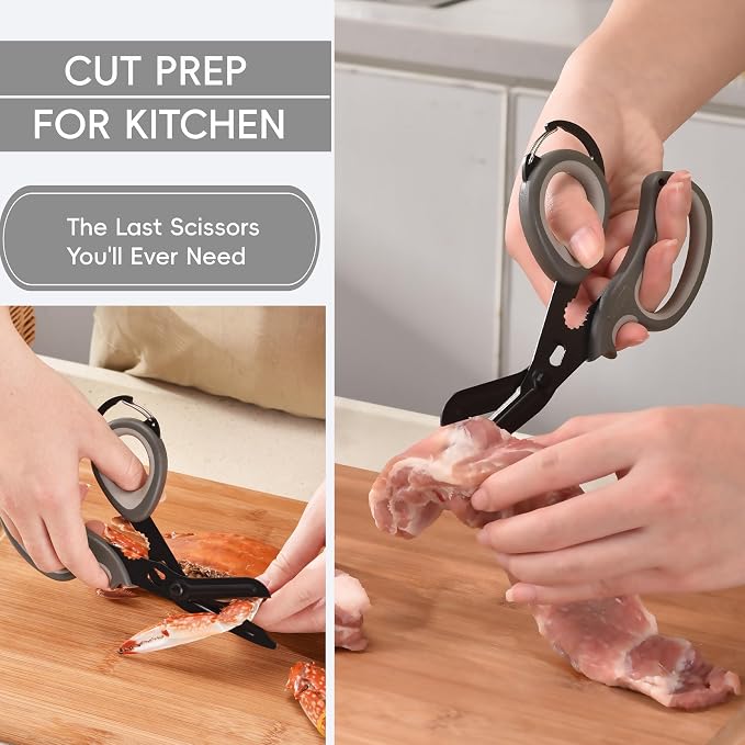 MEUUT All Purpose Scissors 2 Packs with Carabiner for Kitchen Outdoor | 7.5-inch heavy duty all purpose, Ambidextrous, micro-serrated stainless steel blades, integrated O2 wrench, soft rubber grip