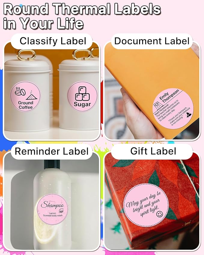 3 Inch (76.2mm x 76.2mm) Round Thermal Printer Label Stickers Self-Adhesive Circle Convenient Multi-Purpose Blank 3" Sticker Roll for Family Classification, Gift Sealing, Pink (500Pcs)