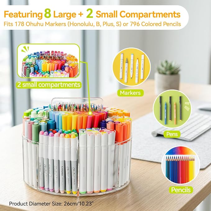 Ohuhu 360° Rotating Acrylic Marker Storage Organizer for Alcohol Markers | Clear Acrylic Pen Holder with Hidden Handle, 10 Compartments for Markers Pens & Pencils, Home Classroom Office Desk Organizer