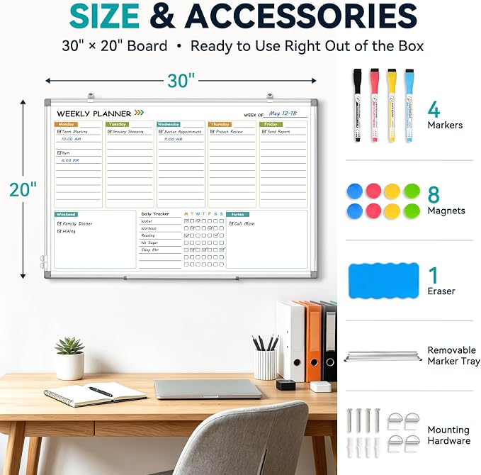 Weekly Dry Erase Calendar Whiteboard with Corkboard, 30" x 20", Silver | Magnetic, White Board Cork Board Combo, Double Sided, Wall Mounted, Aluminum Frame, for Home, Office, Kitchen, Dorm