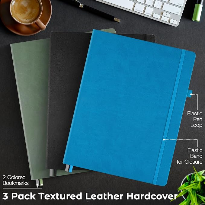 College Ruled Notebook, Large A4 Hardcover Leather Journal for Women Men | 3 Pack Lined Journal Notebook for Work School, No Bleed Thick Paper, Lay Flat, 8.5" x 11", Professional Business Notebook