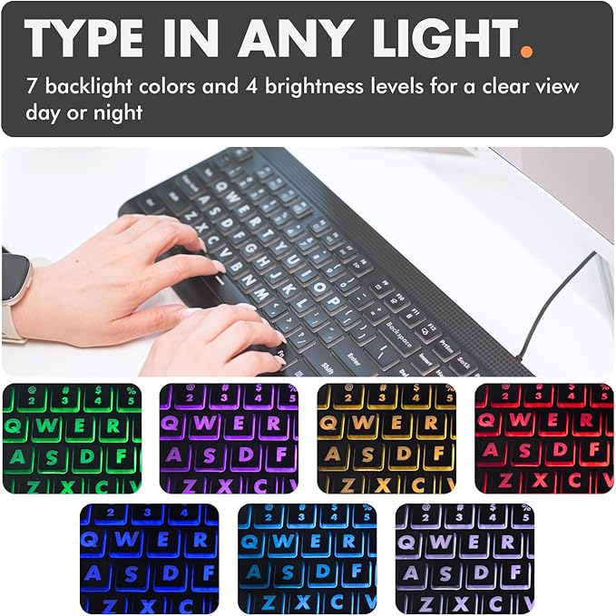 X9 Large Print Backlit Computer Keyboard - Easy to See Big Letters - Lighted USB Wired Keyboard with 7-Colors Backlight LED, Full Size Oversized Light Up Keyboard for Windows, PC, Laptop, Desktop