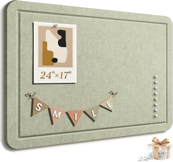Large Bulletin Board, 24 X 17 Inches Felt Cork Board with 40 Pushpins, Foldable Felt Notice Pin Board Photo Display Board with Self-Adhesive Tape for Office Home School (Sage, 24x17 inch)