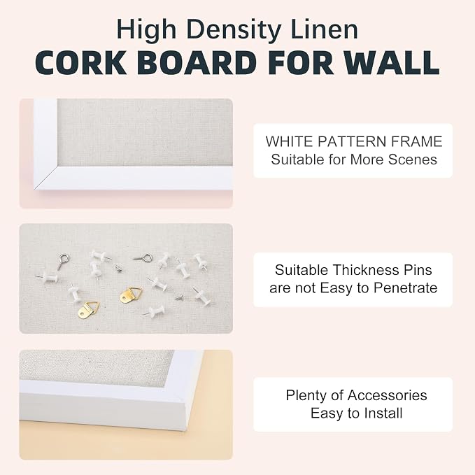 OWLKELA Linen Cork Bulletin Board, 13.3"x17.7" | White Wood Frame, with 10 Pushpins, Ideal for School, Home & Office