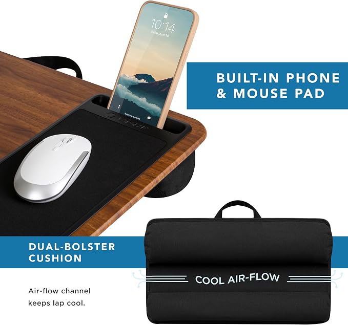 LAPGEAR Home Office Lap Desk – Espresso Woodgrain, Fits 15.6” Laptops | Built-In Mouse Pad & Phone Slot, Integrated Device Ledge, Dual-Bolster Microbead Cushion, Carry Handle