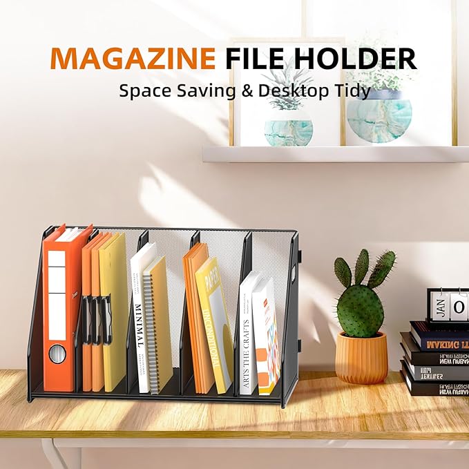 Binder Organizer, Magazine File Holder with 5 Vertical Rack, Black | Metal Desk File Organizer & Binder Holders, Magazine Book Organizers for Office Desktop, Home, School, Classroom