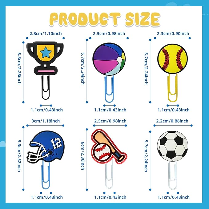 30 PCS Sport Paper Clips Metal Ball Paperclip Large Size Paper Clip Cute Bookmark Colorful Office Supplies Bookmark Clamp Desk Accessories Stationery Gifts