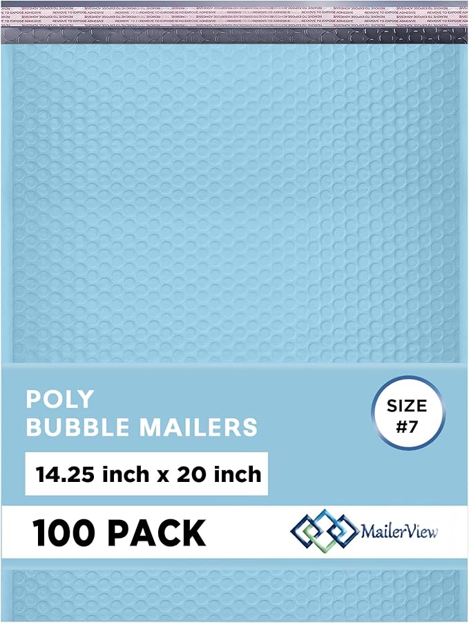 Light Blue Bubble Mailers 14.25x20 Poly Padded Envelopes #7 100 Pack | Holds Clothing & Bulk Items, Self-Seal Closure, Cushioned Protection, Water-Resistant Poly, Bulk Pack