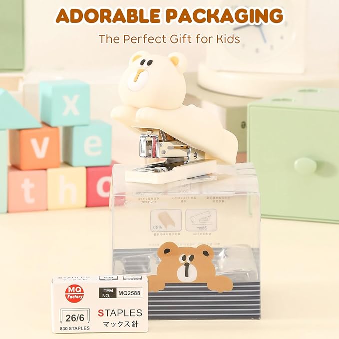 Honagu Mini Cute Animal Stapler with Staples, Cartoon Stereoscopic Silicone (PVC) Stapler, Labor-Saving Office Supplies for Students,Teachers, The First Day of School Gift for Girls(Milky White Bear)