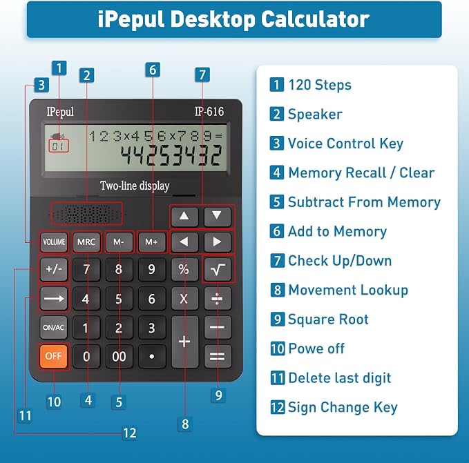 Calculators Desktop,Ipepul Talking Calculator with 2-line 12-Digits Large LCD Display and Large Button,4 Function Calculator for Business,Office,Store,School (Black)