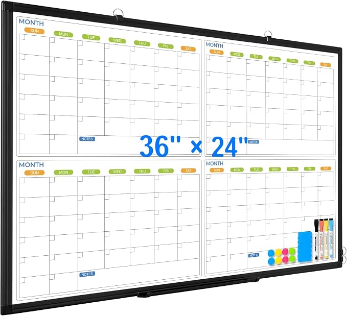 White Board Calendar 36 x 24, 4 Month Wall Whiteboard Dry Erase | Magnetic Whiteboard Calendar Planner, Black Aluminum Frame Dry Erase Board for Office Home and School
