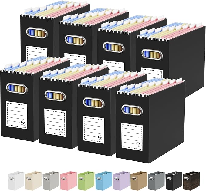 Portable Collapsible Cardboard File Box with Handle for Letter-Size | 8-Pack. Stainless Steel Handle. Label Stickers Included. Fits Letter Folders (Not Included). Home, Office, School, Dorm, Tax.