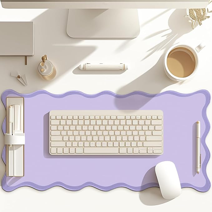 Hahafelt Scalloped Desk Mat Waterproof,Purple,36 X 17 Inches | Coquette Preppy Style for School Office Makeup Vanity, Nonslip Gaming Desktop Protector with Scalloped Stitched Edge Mat