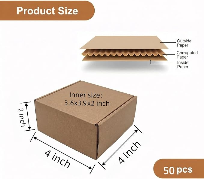 4 x 4 x 2 Inches Small Shipping Boxes Corrugated Packing Box 50 Pack | Kraft Cardboard Gift Boxes Small Business Moving Mailing DIY