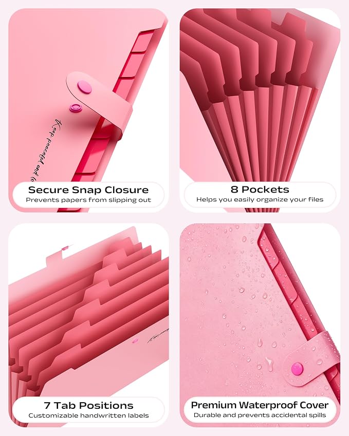 2 Pack Accordion File Organizer, 8 Pockets Expanding File Folder with Labels, Portable Document Paper Receipt Organizer for School Office Hospital, Letter/A4 Size Pink