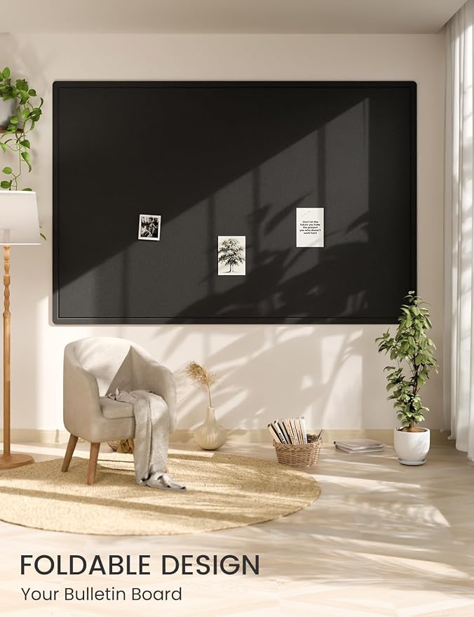 Fluxynara 70.8" x 47.2" Large Bulletin Board, Black | Cork Board Alternative with 48 Removable Adhesive Tabs, Foldable Felt Pin Board for Home, Office, Classroom & Dorm