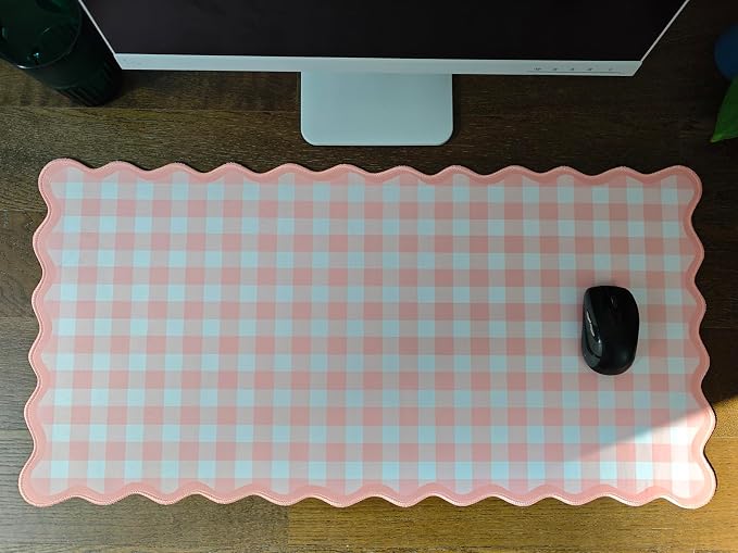 Scalloped‌ Pink Checkered Gingham Desk Mat Cute Pastel Large Mouse Pad Kawaii Cottagecore ‌Vintage‌ Girly Laptop Keyboard Computer Mat Pad Aesthetic Cozy Office Desk Decor for Women