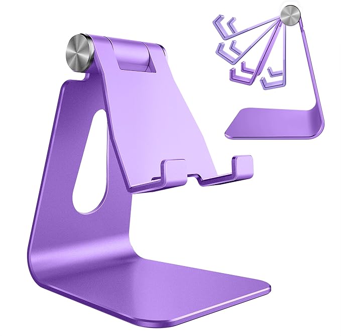 CreaDream Aluminum Cell Phone Stand, Adjustable Phone Holder for Desk | Adjustable Viewing Angle, Desktop Stand, Stable Base, Fits iPhone 17 16 15 14 13 Pro Max Desk Accessories, Dark Purple