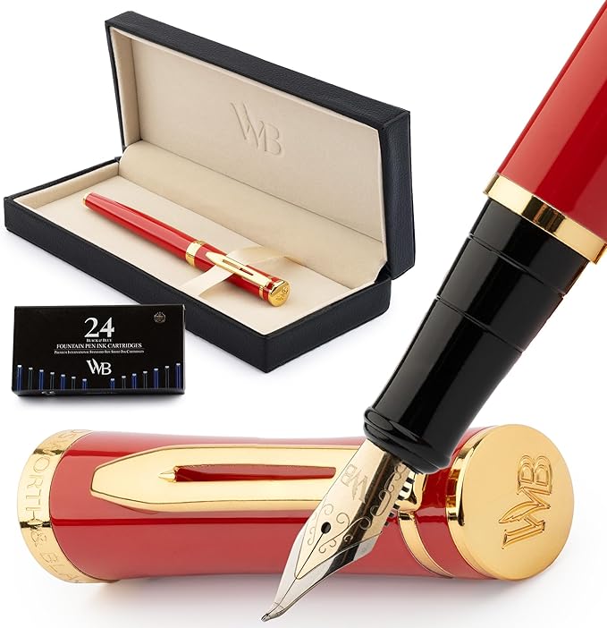Wordsworth & Black Luxury Fountain Pen Set for Writing, Bent Nib, Red | Gift for Men & Women, Brass Body, German Iridium, Calligraphy, Converter + 24 Ink Cartridges, Refillable, Leak-Free
