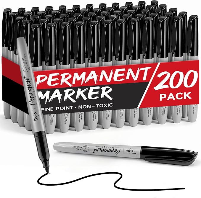 Taja 200 Counts Permanent Markers Bulk, Fine Tip, Black, Quick-Drying | Waterproof Bulk Marker Set for Writing and Sketching on Wood, Plastic, Metal, Glass, Perfect for School and Office Supplies