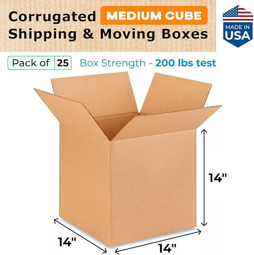 Medium Cube Moving & Shipping Boxes 14"L x 14"W x 14"H (25-Pack) - Extra Strength 200 lb vs Regular - Corrugated Packaging Boxes - Heavy Duty Shipping Box - Cardboard Packing Box by IDL Packaging | Extra Strength 200 lb vs Regular - Corrugated Packagin...