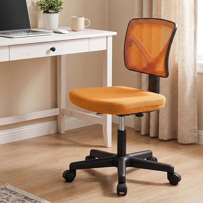 Sweetcrispy Small Armless Desk Chair, Mesh Rolling Office Chairs | Adjustable Ergonomic Lumbar Support, Low-Back, Swivel Wheels, Home Work, Bedroom, Study, Student, Adults, Orange