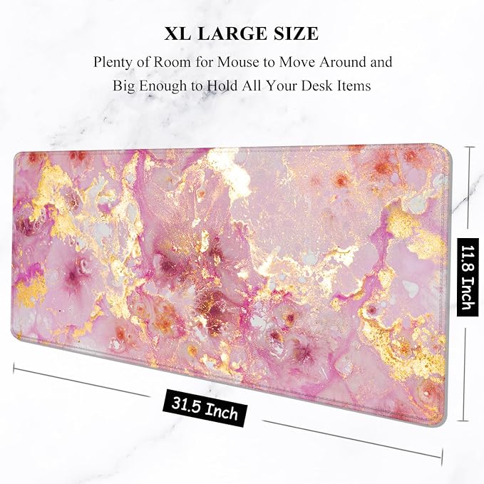 Auhoahsil Large Mouse Pad, XXL Gaming Mousepad, Desk Mat for Desktop, Thick Rubber, Big & Long Size, Stitched Edges, Full Desk Pad for Laptop & Computer, Extended 31.5 x 11.8 in, Pink Gold Marble