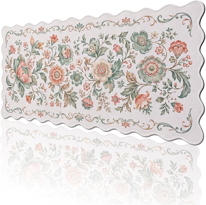 Vintage Floral Scalloped Desk Mat Sage Peach Botanical Scroll Flower Mousepad XL Large Gaming Mouse Pad Laptop Keyboard Mat Desk Pad Office Home Decor for Women Girl 31.5"x15.7"
