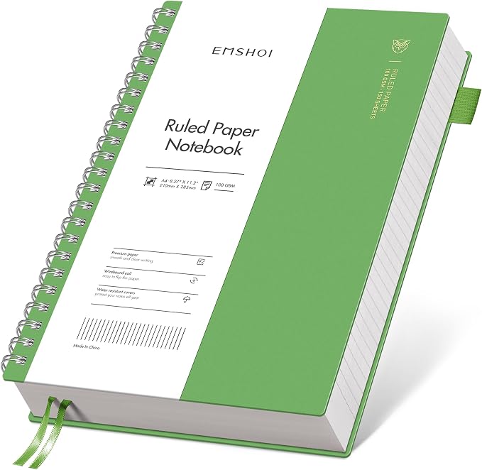 EMSHOI Lined Spiral Journal Notebook, 300 Pages, A4 Size (8.2'' x 11.2'') | College Ruled, 100 GSM Thick Paper, Flexible Plastic Cover, for School, Writing, Work, Office & Journaling (Green)