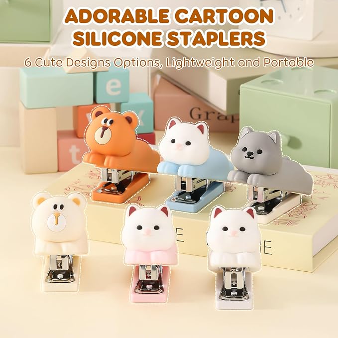 Honagu Mini Cute Animal Stapler with Staples, Cartoon Stereoscopic Silicone (PVC) Stapler, Labor-Saving Office Supplies for Students,Teachers, The First Day of School Gift for Girls(Milky White Bear)