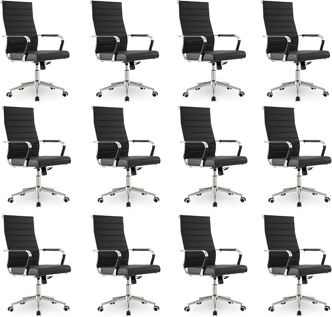 Okeysen Office Desk Chair, Ergonomic Leather Modern Conference Room Chairs, Executive Ribbed Height Adjustable Swivel Rolling Chair for Home Office Set of 12. (Black)