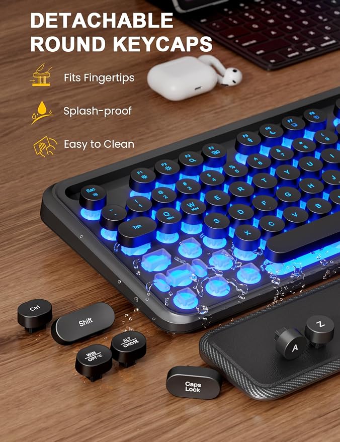 Wireless Keyboard and Mouse, Backlit Typewriter with Magnetic Wrist Rest | Phone Holder, Light Up Round Keycaps, Lighting Mouse, 2.4GHz Cordless Set for Mac, Windows, PC, Laptop, SABLUTE