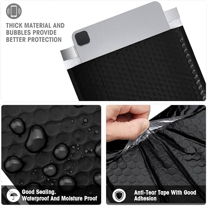 Metronic Bubble Mailers 8.5x12 250 Pack Black Waterproof Padded Envelopes | Bubble Mailer Thick Mailing Envelopes Bubble Padded for Packaging, Makeup, Gift, Mailing, Shipping, Small Items Supplies