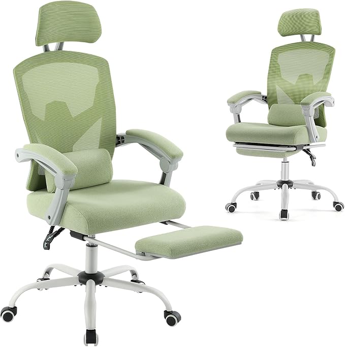 DUMOS Home Office Desk Chair with Footrest, High-Back Mesh Rolling Swivel Reclining Chairs with Wheels, Comfortable Headrest, Lumbar Support, Comfy Arms for Home, Office, Gaming, Elegant Green
