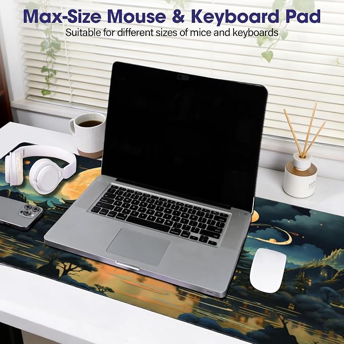 Large Extended Mouse Pad with Stitched Edges 35.4"x15.7" - Waterproof Desk Mat, Non-Slip Rubber Base for All-Desk Coverage, Perfect for Gaming Office Home, Moon