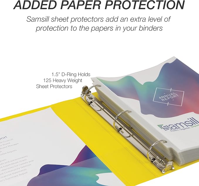 Samsill Durable 1.5 inch 3 Ring Binder, D Ring Binder, 100% Recycled Chipboard, Yellow, 4 Pack