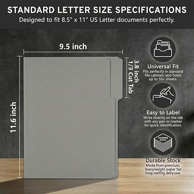 100 Packs Paper File Folder,Grey File Folders Letter Size,1/3-Cut Tabs,8.5x11 Inch Manilla File Folders for Office Filing,School Projects and Home,Organizer Documents