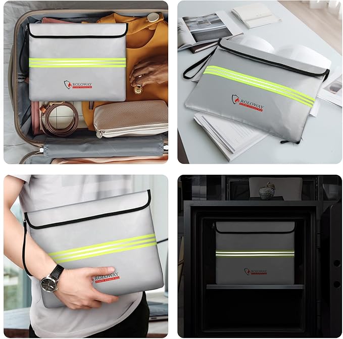ROLOWAY Fireproof Document Bag (14 x 11 inch) with 5200℉ Upgraded Aluminum Foil Layer, Fireproof Bag for Documents with Reflective Strip and Zipper (Silver)