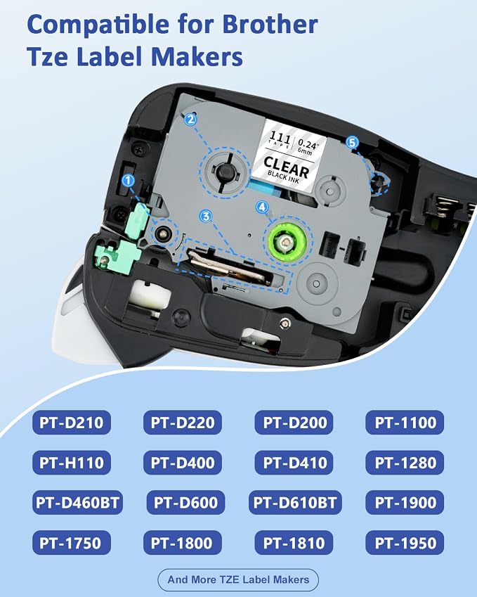6mm 0.23 Laminated Clear Label Tape Tz-111 TZ Tape Compatible for Brother P-Touch Tze-111 1/4" Tze Label Refills Work for Ptouch Label Maker PT-D220 PT-D210 PT-H110 PT-D400, Black on Clear, 4-Pack