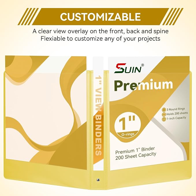 SUIN 1 Inch 3 Ring Binder, Clear 1'' View Presentation Binders with 2 Pockets, Fits 8.5 x 11 Letter Size, Durable Polypropylene, Non-Stick & PVC-Free for School, Office & Home (Yellow)