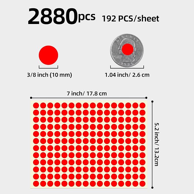 3/8" Small Colored Dot Stickers 2880 PCS Round Circle Stickers Tiny Red Coding Labels Mini Sticker for Office,Classroom (Red, 3/8" (10 mm))
