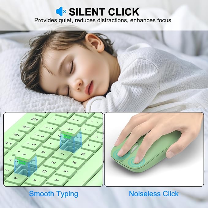 Wireless Keyboard and Mouse Combo, Full-Size Silent Ergonomic Keyboard and Optical Mouse, Long Battery Life, 2.4G Lag-Free Mice Keyboard for Computer,Mac,Laptop,PC,Windows(Avocado Green)